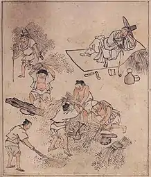 Le battage du riz. Kim Hong-do (1745-v.1806/18), nom d'artiste Danwon. Feuille d'album, encre sur papier, H. 27,8 cm. Musée national de Corée