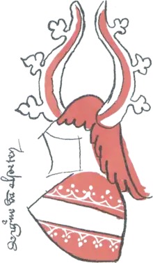 Dessin d'un bouclier rouge traversé par une bande blanche et surmonté d'un casque avec des cornes et des décorations rouges