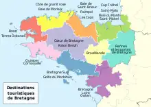 Carte de la Bretagne identifiant les différentes zones touristiques de la région.