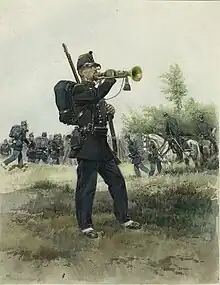Trompette de chasseur à pied en 1885. Illustration d'Édouard Detaille pour son ouvrage  Histoire illustrée de l'Armée française, 1790-1885 publié en 1885.