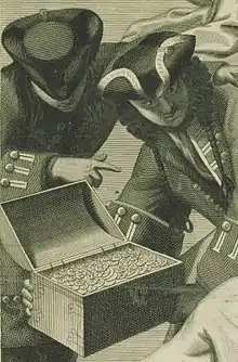 Deux soldats ouvrant un coffre rempli à ras bord de pièces