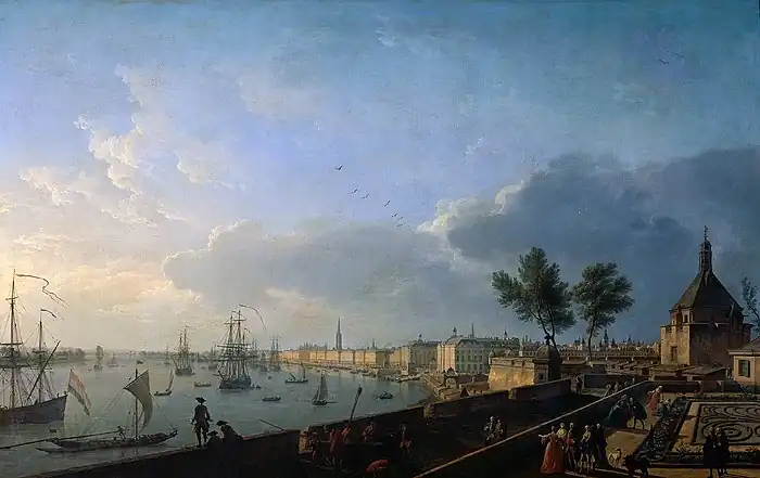 Illustration de la ville au XVIIIe siècle. La Garonne est envahie par de nombreux bateaux à voile. Les passants admirent ce spectacle.