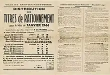 Affiche divisée verticalement en deux parties portant à gauche : distribution des titres de rationnement pour le mois de janvier 1944