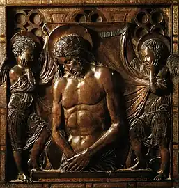 Donatello, Christ mort&nbsp;(it), v. 1446-1453, bronze, 58&nbsp;×&nbsp;56&nbsp;cm, basilique Saint-Antoine, Padoue.