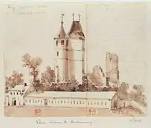 Aquarelle brune ; deux tours jumelles, une ronde l'autre carrée, couvertes d'un toit ; autour, des ruines.