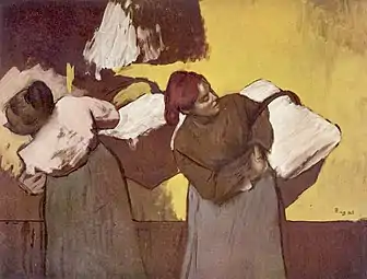 Après avoir porté seaux d'eau et baquets, il fallait livrer le linge propre au client, Lavandières peintes par Degas,carton, 46 x 61, collection H. J. Sachs, New York