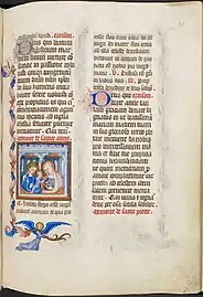 Page d'un livre enluminé comprenant un encadré illustré qui représente deux femmes et un enfant.