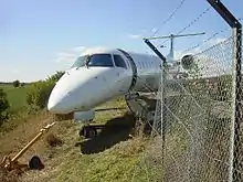 Un avion biréacteur à la limite d’un champ, à côté d’un grillage abîmé.
