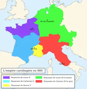 Autre représentation de l'Empire carolingien après Ribemont (880) qui montre la division de la Francie occidentale entre Louis&nbsp;III de France et Carloman&nbsp;II.