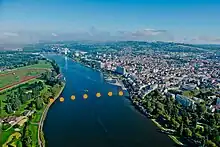 Vue aérienne de Vichy avec points de repère désignant l'emplacement du pont romain