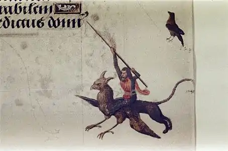 Personnage muni d'une perche à cheval sur un griffon.