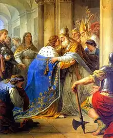 Peinture représentant l'accolade d’un pape et du roi de France, recouvert du manteau fleurdelisé.