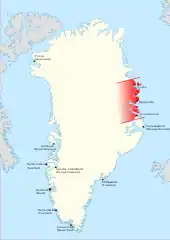 Carte du Groenland mettant en évidence une partie importante du littoral oriental de l'île, sans limites définies vers l'intérieur