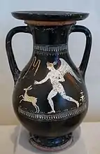 Eros poursuivant un faon. Pelike apulienne, style de Gnathia, polychrome, 360-300. Austin, Texas