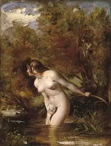 Peinture d'une femme nue se baignant dans une rivière