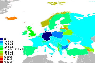 Carte des limitations de vitesse en Europe sur autoroute