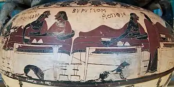 Scène de banquet, symposion. Eurytios et Héraclès. Cratère à colonnettes corinthien, v. 600, figures noires et rouge foncé sur argile claire. Louvre