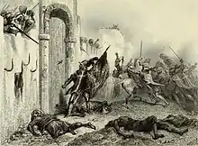 Soldats assiégeant un rempart.