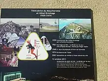 Plaque murale intitulée «&nbsp;Télécabine du Moucherotte et hôtel Ermitage 1959-1974&nbsp;», avec des photos et des dates clés.
