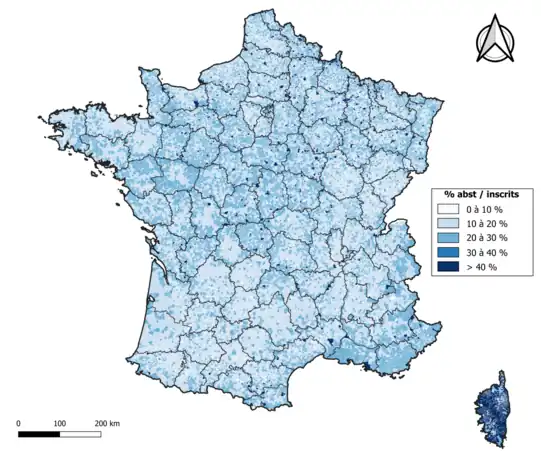 Taux d'abstention par commune au 1er&nbsp;tour en France métropolitaine.