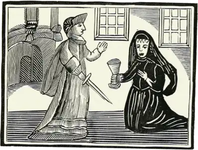 Le choix du couteau ou du poison. (Illustration d'un livre de colportage anglais du XVIIe&nbsp;siècle.)