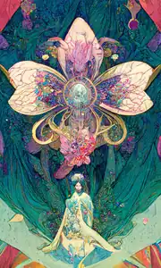 « Une femme assise sous une fleur dans un style art nouveau ».