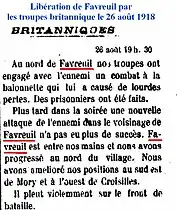 Article relatant la libération du village le 26 août 1918.