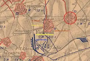 La carte des régions dévastées de 1920 montre que le village est complètement détruit.