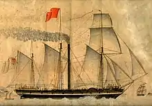 Tableau d'un bateau à vapeur voguant sur la mer avec des montagnes au loin