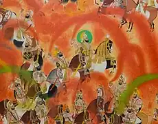 Le Maharana du Mewar Swarup Singh célébrant Holi avec sa cour. Détail d'une miniature du XIXe siècle conservée au City Palace d'Udaipur, Rajasthan.