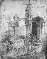 La Mort de Laocoon de Filippino Lippi (1506) au musée des Offices de Florence (Gab. dis. 169 F). Lavis à la plume.