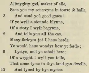 Premières 12 lignes de The Wright's Chaste Wife dans un ouvrage de Frederick J. Furnivall publié en 1865.