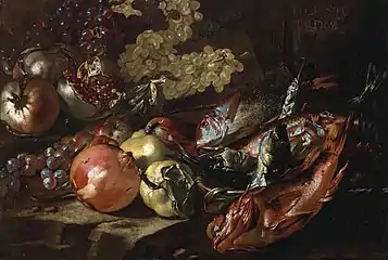 Fish, Grapes and Pomegranates on a Ledge huile sur toile 64,7&nbsp;×&nbsp;92,8&nbsp;cm