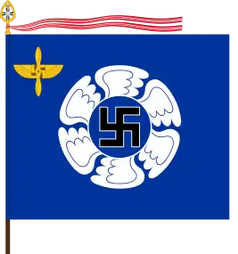 Emblème actuel de l'École de l'air finlandaise&nbsp;(en). La croix gammée est également visible dans l'insigne qui se trouve en haut à gauche, mêlée à une hélice, lequel insigne est proche de l'insigne d'épaule (ou de manche) porté dans l'École.