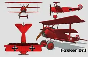 Plan 3 vues du Fokker Dr.I, l'avion de prédilection de Manfred von Richthofen, dit le « Baron Rouge ».