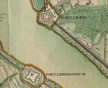 Le fort Lillo et le fort Liefkenshoek sur une carte de Ferraris en 1775.