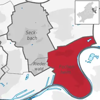 Carte situant le quartier (en rouge) au sein l'arrondissement (en gris foncé) et du reste de la ville (en gris clair)