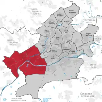 Carte situant l'arrondissement (en rouge) au sein du reste de la ville (en gris)