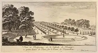 Vue et perspective de la cascade de Frémont, à quatre lieues de Paris sur le chemin de Fontainebleau. Milieu du XVIIe&nbsp;siècle.