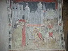 Fresque du XVe&nbsp;siècle de la collégiale Saint-Barnard de Romans-sur-Isère représentant la plus ancienne vue du palais des papes.