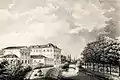 Friedrichsbad de Düsseldorf sur la Düssel, à droite la Seufzerallee (collection Musée de la maison thermale de Clèves&nbsp;(de))
