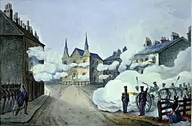 Vue de la façade de l'église Saint-Eustache occupée par les insurgés