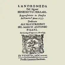 Reproduction de la page de titre du livret de L'Andromède (1637)