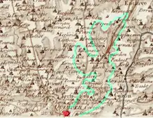Le bassin du Frout au XVIIIe siècle, entouré de vert, d'après la Carte de Cassini (feuille 171).En rouge, la ville close de Quimper.