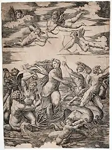 Galatée, gravure d'après la fresque de la villa Farnesina.