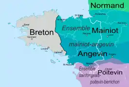 Carte des langues en Bretagne et dans les régions voisines selon Pierre Bonnaud.
