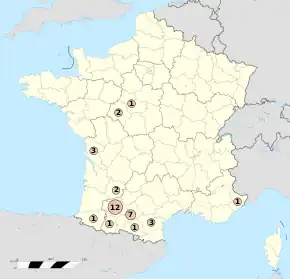 Carte de France indiquant le nombre de monuments identiques pour chaque département.