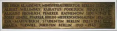Une partie de la plaque commémorative qui se trouve à la cathédrale Sainte-Edwige à Berlin, à l’intention des catholiques de l’archidiocèse de Berlin tués pendant la guerre