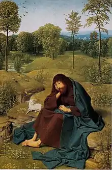 Geertgen tot Sint Jans, Jean-Baptiste dans le désert, vers 1490 (42&nbsp;×&nbsp;28&nbsp;cm), Gemäldegalerie, Berlin.