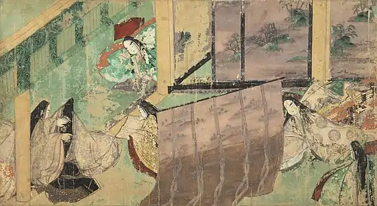 Détail d'un des rouleaux illustrés du Dit du Genji (emaki). Écrit au 11e&nbsp;siècle par Murasaki Shikibu. Peint vers 1130. H. 21,8&nbsp;cm. Musée d'Art Tokugawa.